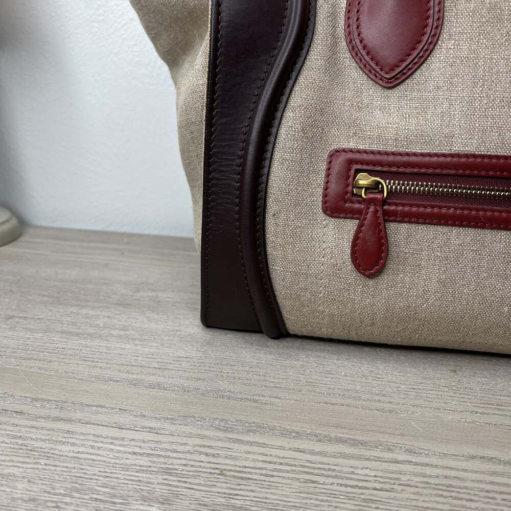 Authentic CELINE Oatmeal Brown burgundy canvas & leather MINI LUGGAGE Tote Bag - Picture 4 of 10